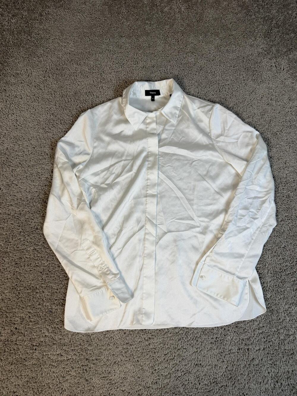 Theory Shirt Womens M White Long Sleeve Button Up Satin Collared Business